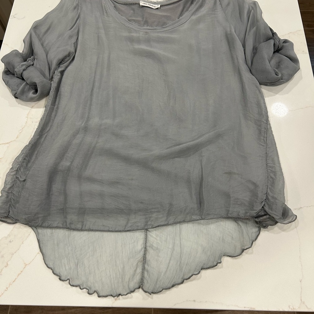 Gray Asymmetrical 3/4 Sleeve Relaxed Blouse